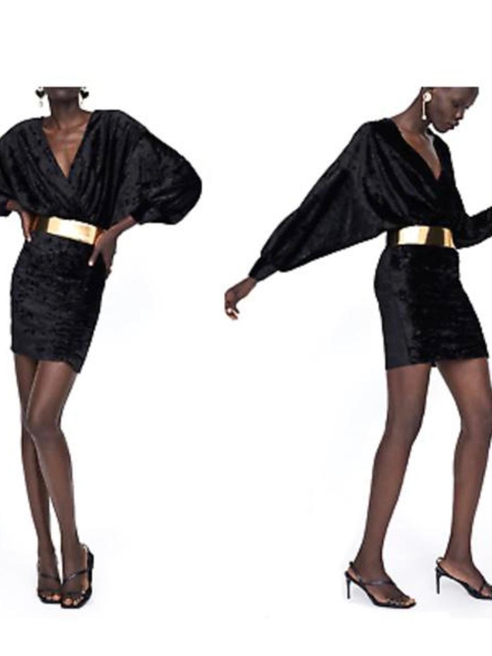 Zara Black Velvet Mini Dress with Gold Waist Belt